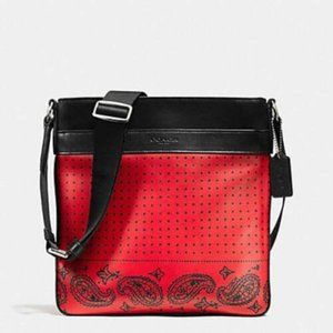 Coach Charles Red/Black Bandana Printed Leather Sport Calf Crossbody Bag F55961